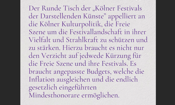 Bild zu: Statement der Kölner Festivals der darstellenden Künste zum Erhalt der Festivallandschaft in Köln